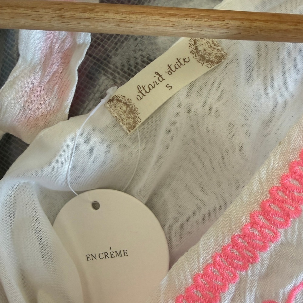 NEW Altar'd State En Creme White Neon Pink Embroidered T-Back Dress Sm Coachella - Picture 6 of 6